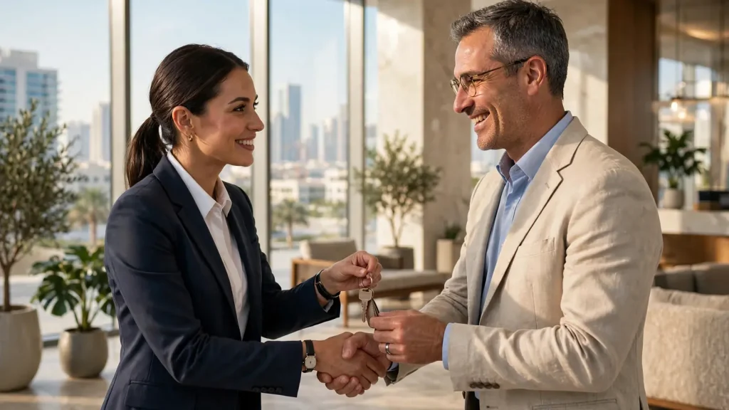 Best Short Term Rental Services in Dubai: What Top-Earning Owners Look For Property manager handing apartment keys to a Dubai property owner during onboarding