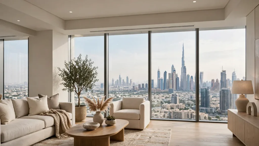 Short Term Rentals in Dubai: The Complete Owner's Guide Bright modern furnished apartment living room in Dubai, the standard setup for a high-earning short-term rental