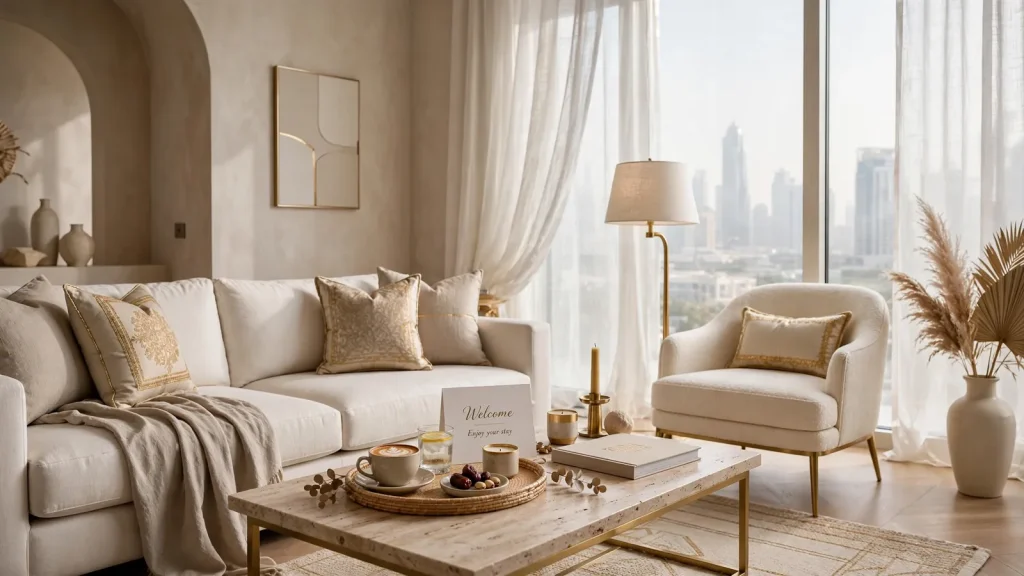 How to Maximize Airbnb Income & Profit in Dubai Luxury furnished living room of a Dubai holiday home ready for Airbnb guests