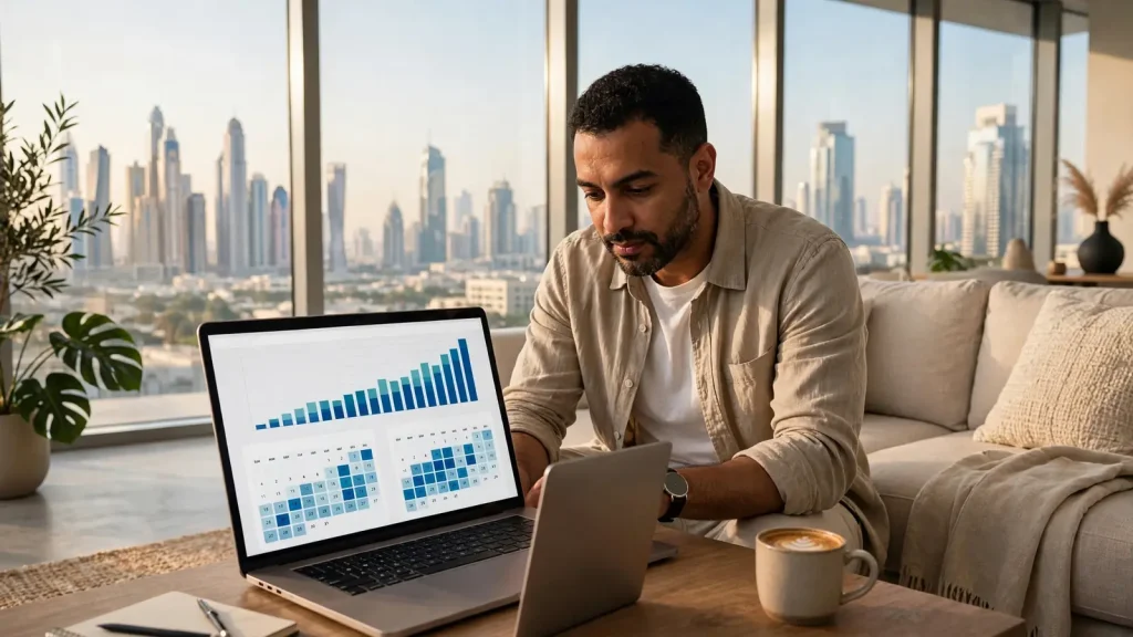 How to Maximize Airbnb Income & Profit in Dubai Dubai property owner reviewing Airbnb revenue and pricing analytics on a laptop