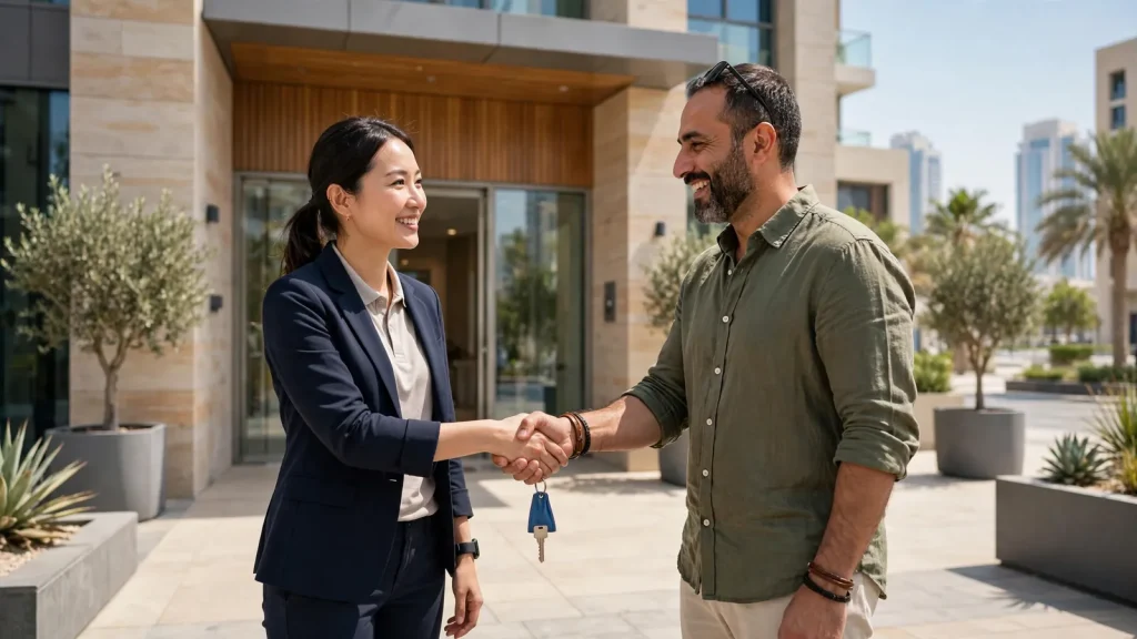 How to Maximize Airbnb Income & Profit in Dubai Property manager handing apartment keys to a Dubai holiday home owner