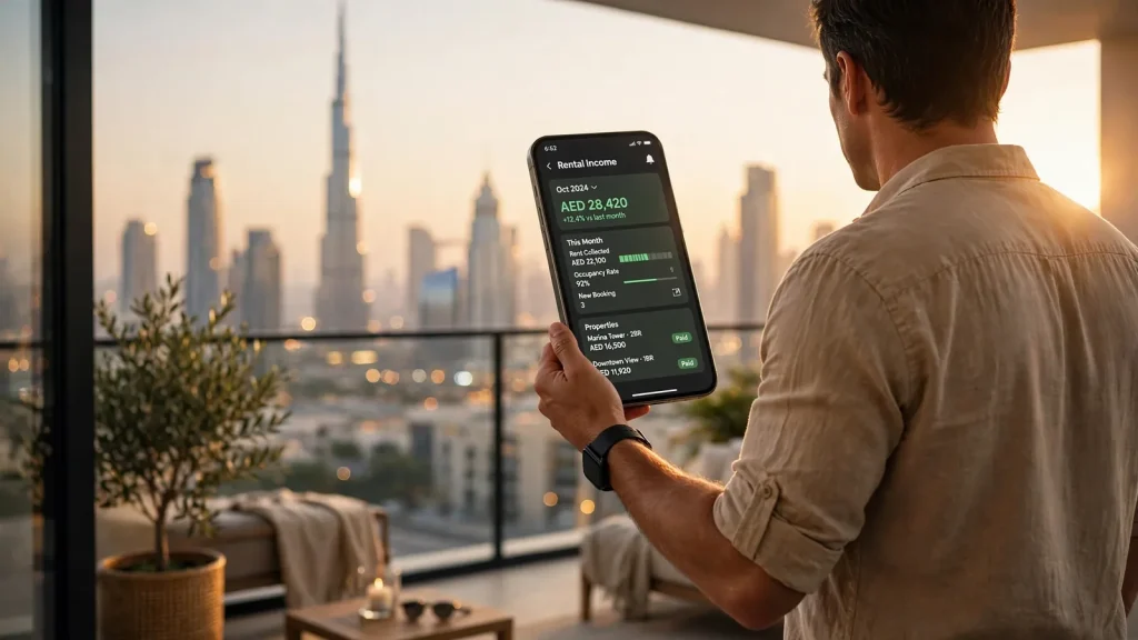 How to Choose the Best Property Management Company in Dubai: The Owner's Evaluation Guide Dubai landlord checking rental income report on smartphone with skyline view
