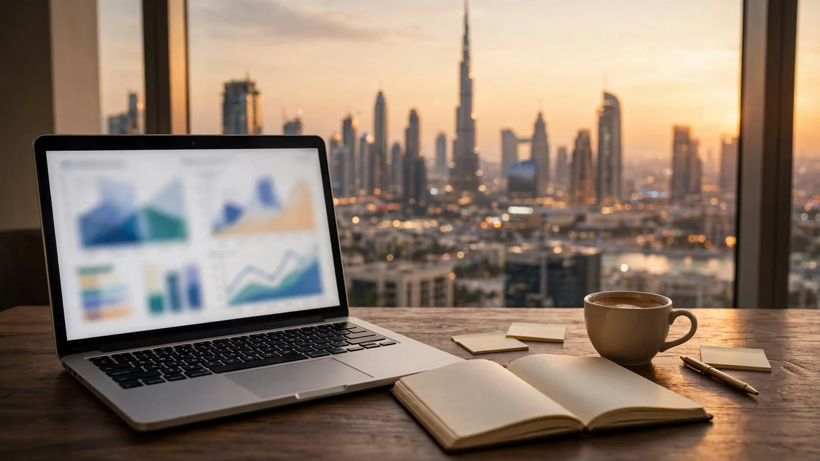 How to Start an Airbnb Business in Dubai: The Owner's Launch Guide Laptop showing rental revenue dashboard with Dubai skyline through the window