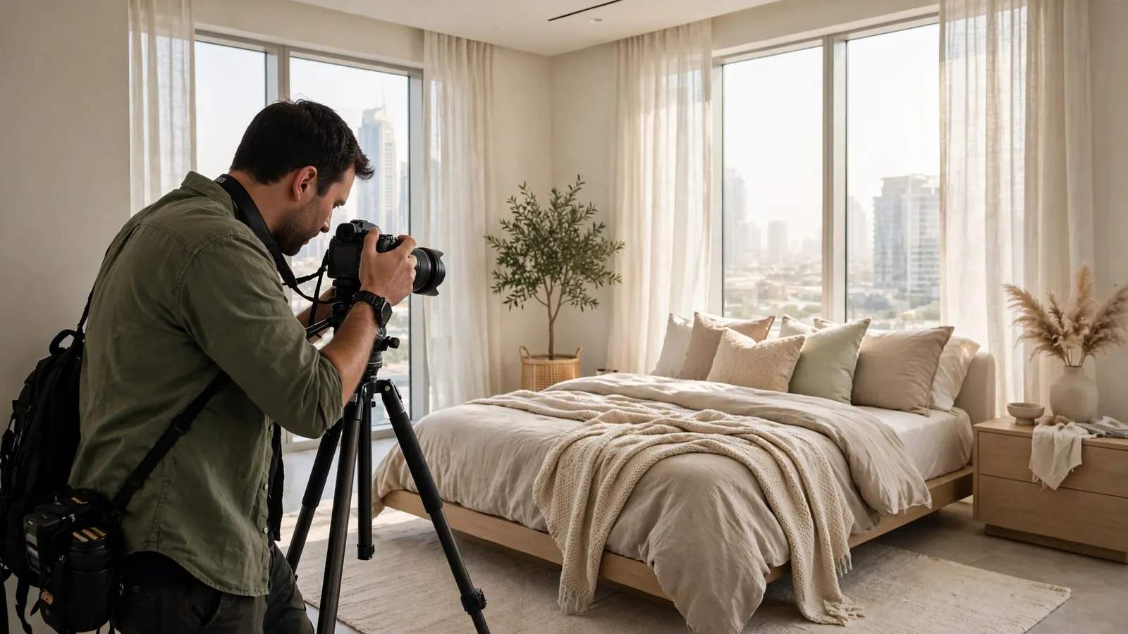How to Start an Airbnb Business in Dubai: The Owner's Launch Guide Professional photographer shooting a styled Dubai apartment bedroom for an Airbnb listing