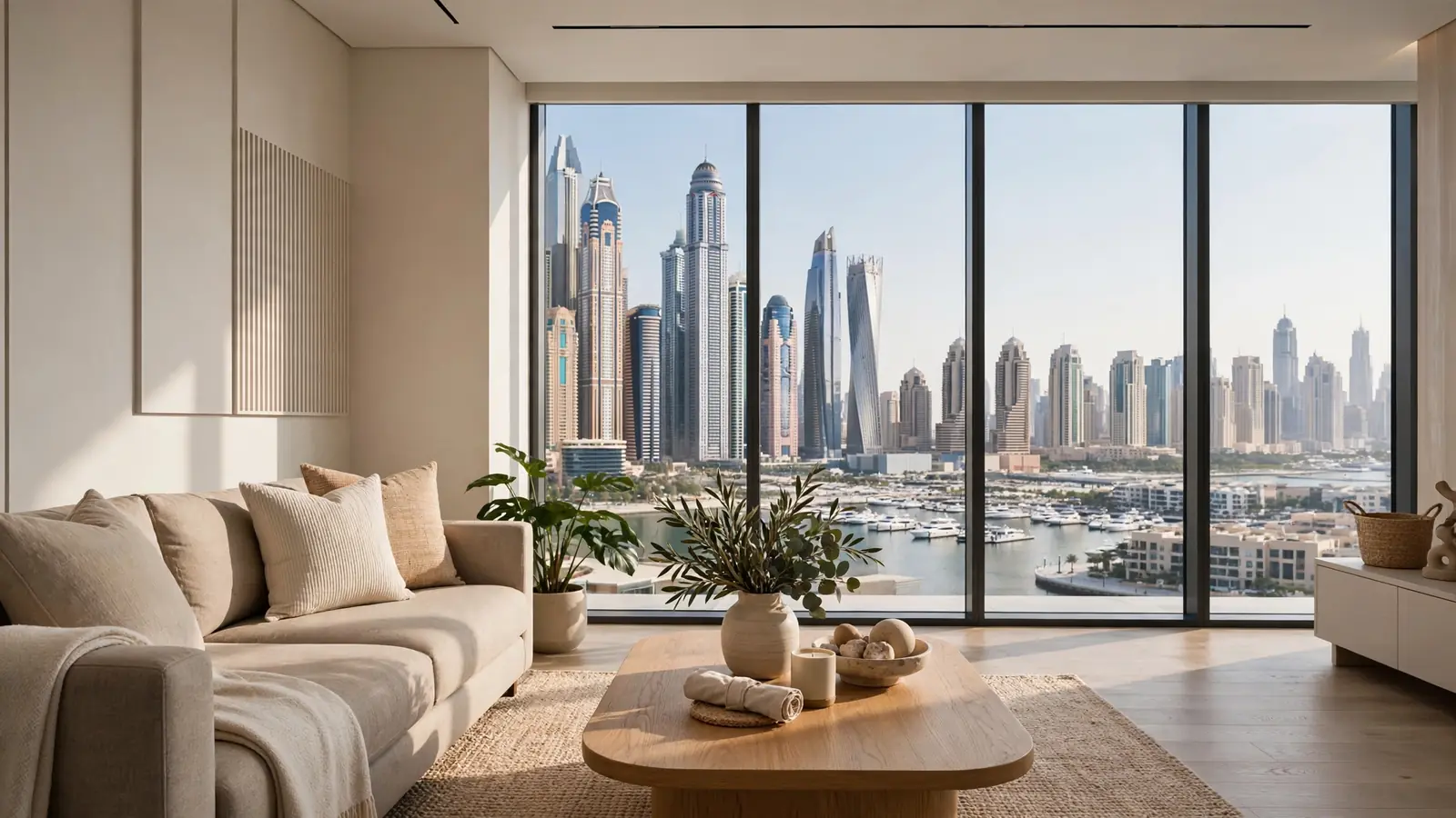 How to Start an Airbnb Business in Dubai: The Owner's Launch Guide Bright modern Dubai apartment living room staged for Airbnb guests with Marina skyline view