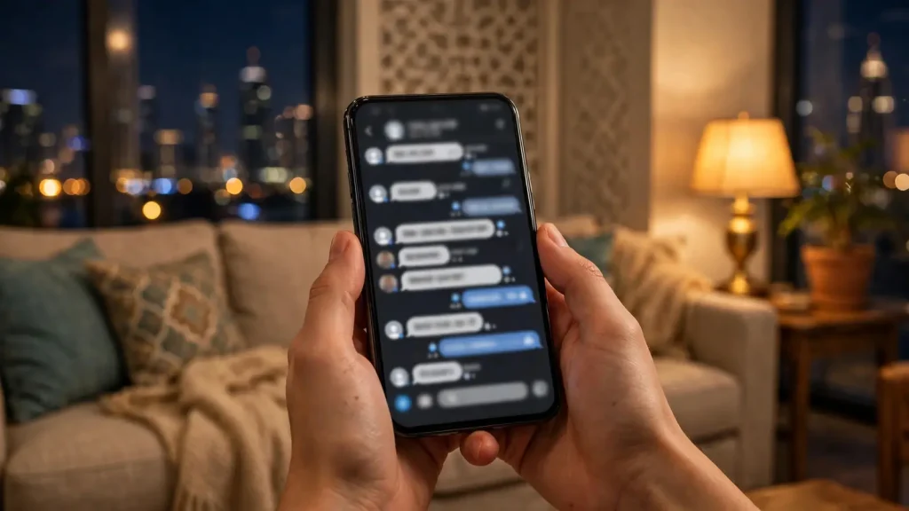 Complete List of Holiday Homes Companies in Dubai Owner messaging a holiday home company support team at night