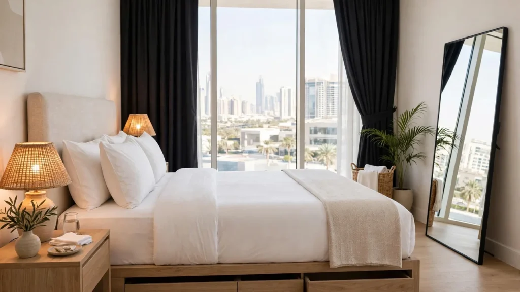 How to Furnish Airbnb in Dubai: Costs, Checklist & Where to Buy Hotel-quality bedroom in a Dubai holiday home with white bedding and blackout curtains
