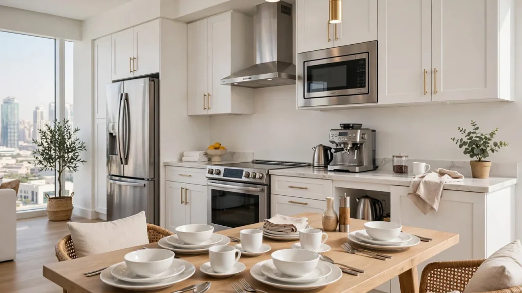 How to Furnish Airbnb in Dubai: Costs, Checklist & Where to Buy Fully equipped modern kitchen in a Dubai short-term rental apartment