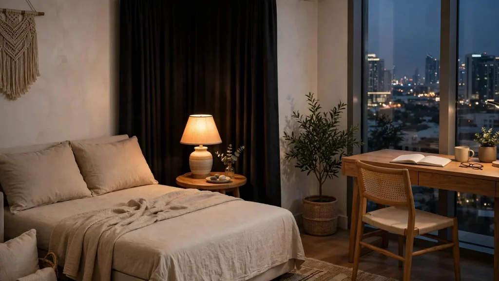 How to Furnish Airbnb in Dubai: Costs, Checklist & Where to Buy How to furnish an Airbnb in Dubai: cozy furnished living room corner with sofa, warm lamps, and workspace
