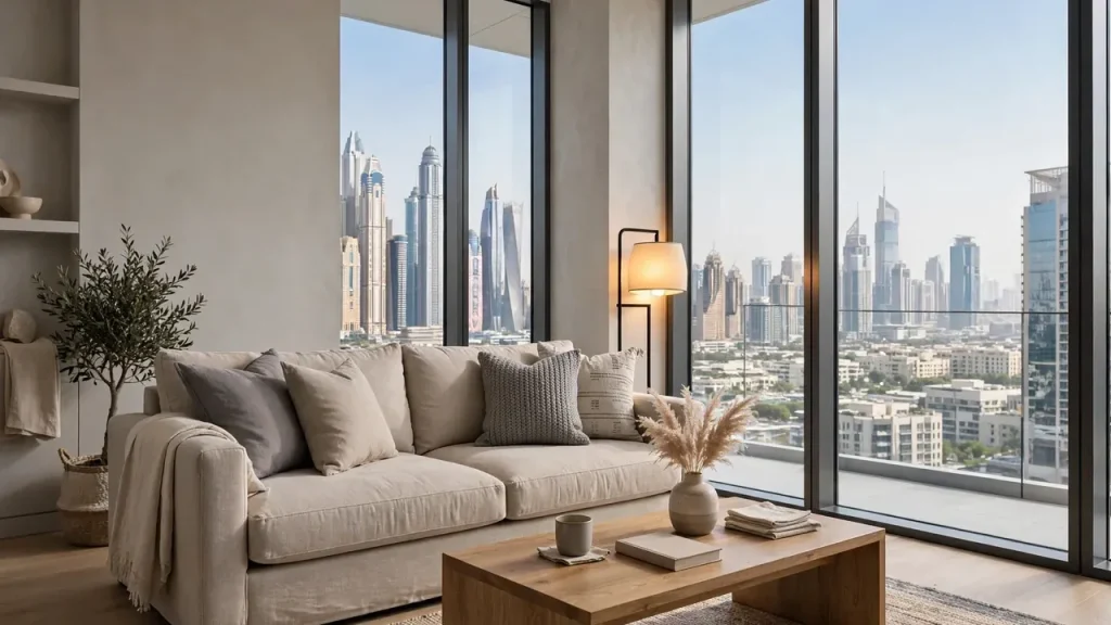 Modern furnished Airbnb living room in Dubai with neutral tones and city view