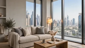 Modern furnished Airbnb living room in Dubai with neutral tones and city view