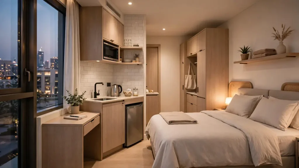 Cheap Hotel Apartments in Dubai: Real Prices, Best Areas and Monthly Deals Affordable Dubai hotel apartment studio with kitchenette