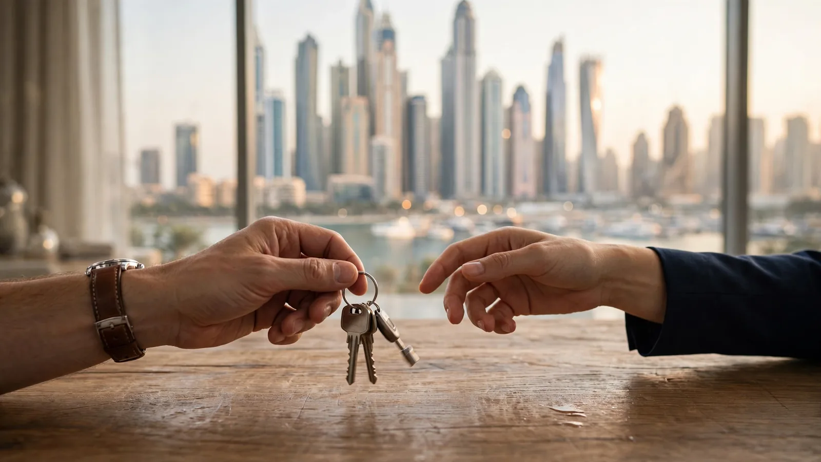 Airbnb Arbitrage in Dubai: Should You Rent Your Apartment to an Operator? Dubai apartment owner handing over keys with the city skyline behind