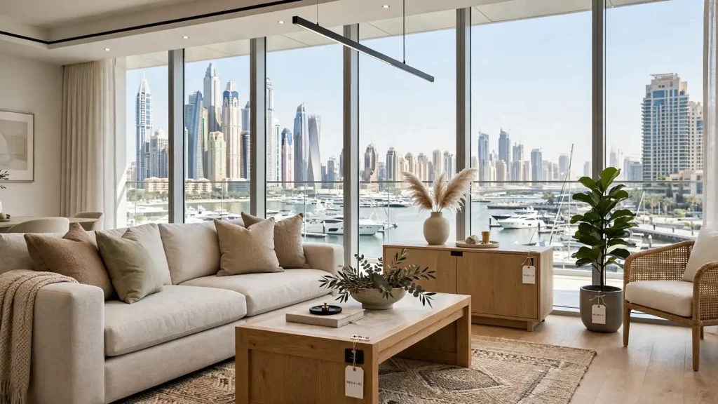 Holiday Home Insurance in Dubai: The Owner's Guide to Cover, Costs and Compliance Furnished Dubai Marina apartment interior showing contents covered by holiday home insurance