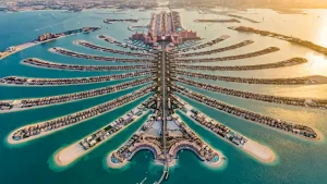 Aerial view of Palm Jumeirah Dubai at golden hour