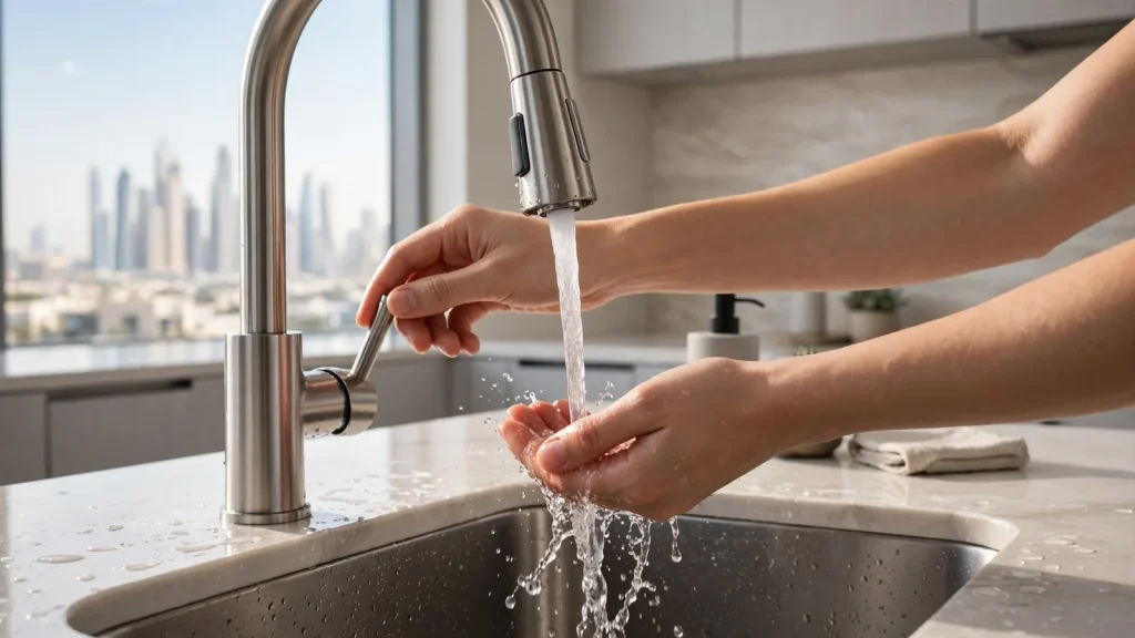 Top 20 Tips to Choose the Perfect Apartment in Dubai Checking taps and water pressure during an apartment viewing in Dubai