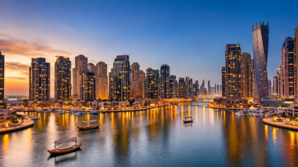 Best Areas to Invest in Airbnb in Dubai: ROI, Yields & Where to Buy Dubai Marina skyline at dusk, one of the best areas to invest in Airbnb in Dubai