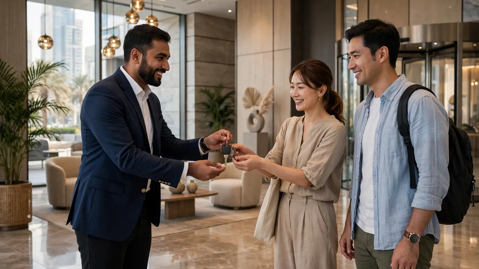 Best Holiday Homes Companies in Dubai: An Owner's Guide to the Top Operators (and What Guests Should Book) Guest checking in at a Dubai holiday home with professional host welcome