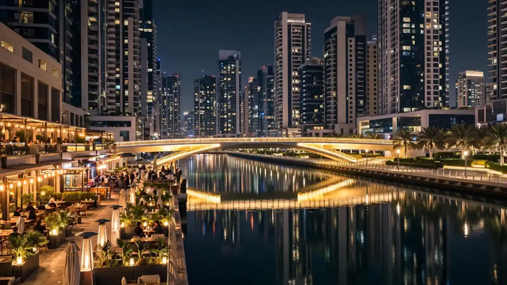 Airbnb Management in Business Bay: The Owner's Hiring Guide Dubai Water Canal promenade in Business Bay at night during winter season