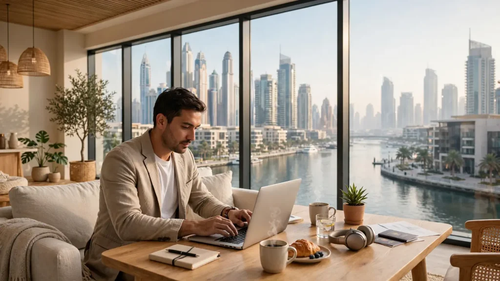 Airbnb Management in Business Bay: The Owner's Hiring Guide Business traveler working in a serviced apartment in Business Bay Dubai