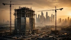 Off-plan residential tower under construction in Dubai at golden hour
