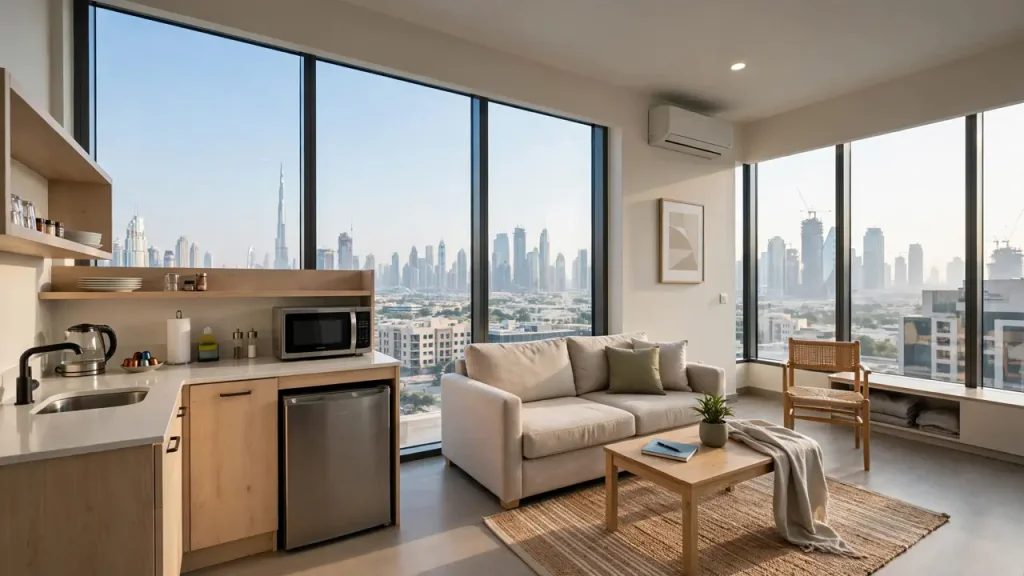 Cheap Hotel Apartments in Dubai: Real Prices, Best Areas and Monthly Deals Bright hotel apartment living room in Dubai with skyline views
