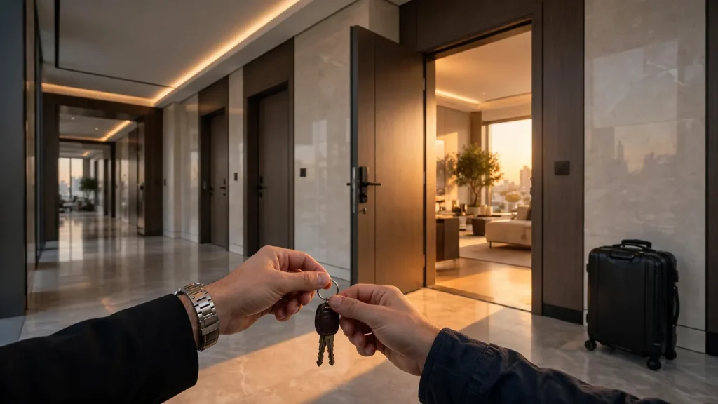 How to Convert a Tenanted Apartment to Airbnb in Dubai: The Owner's Legal-to-Launch Playbook Handing over apartment keys at a Dubai apartment door at golden hour