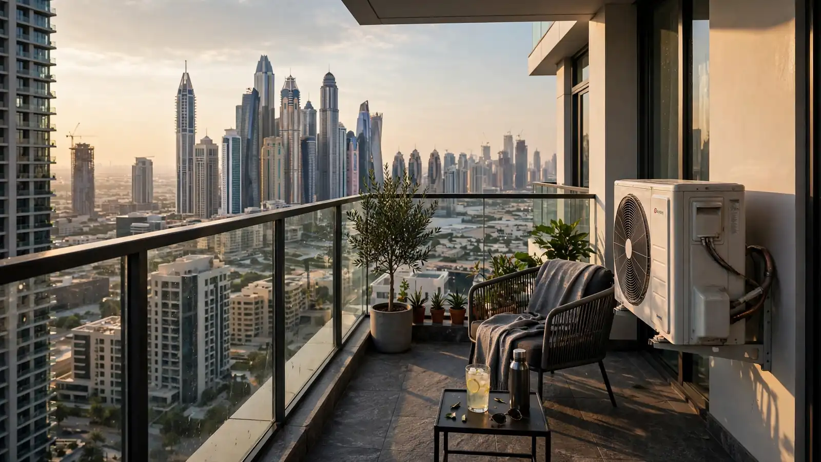 Top 20 Tips to Choose the Perfect Apartment in Dubai District cooling unit on a Dubai apartment balcony, ask about chiller charges before renting