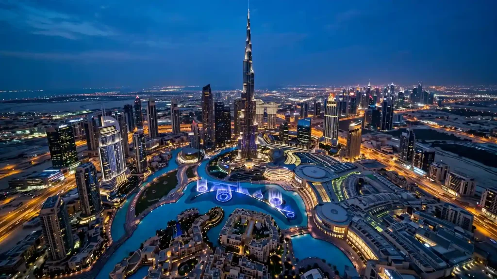 Airbnb Management in Downtown Dubai: The Owner's Hiring Guide Downtown Dubai skyline at night with Burj Khalifa and illuminated towers