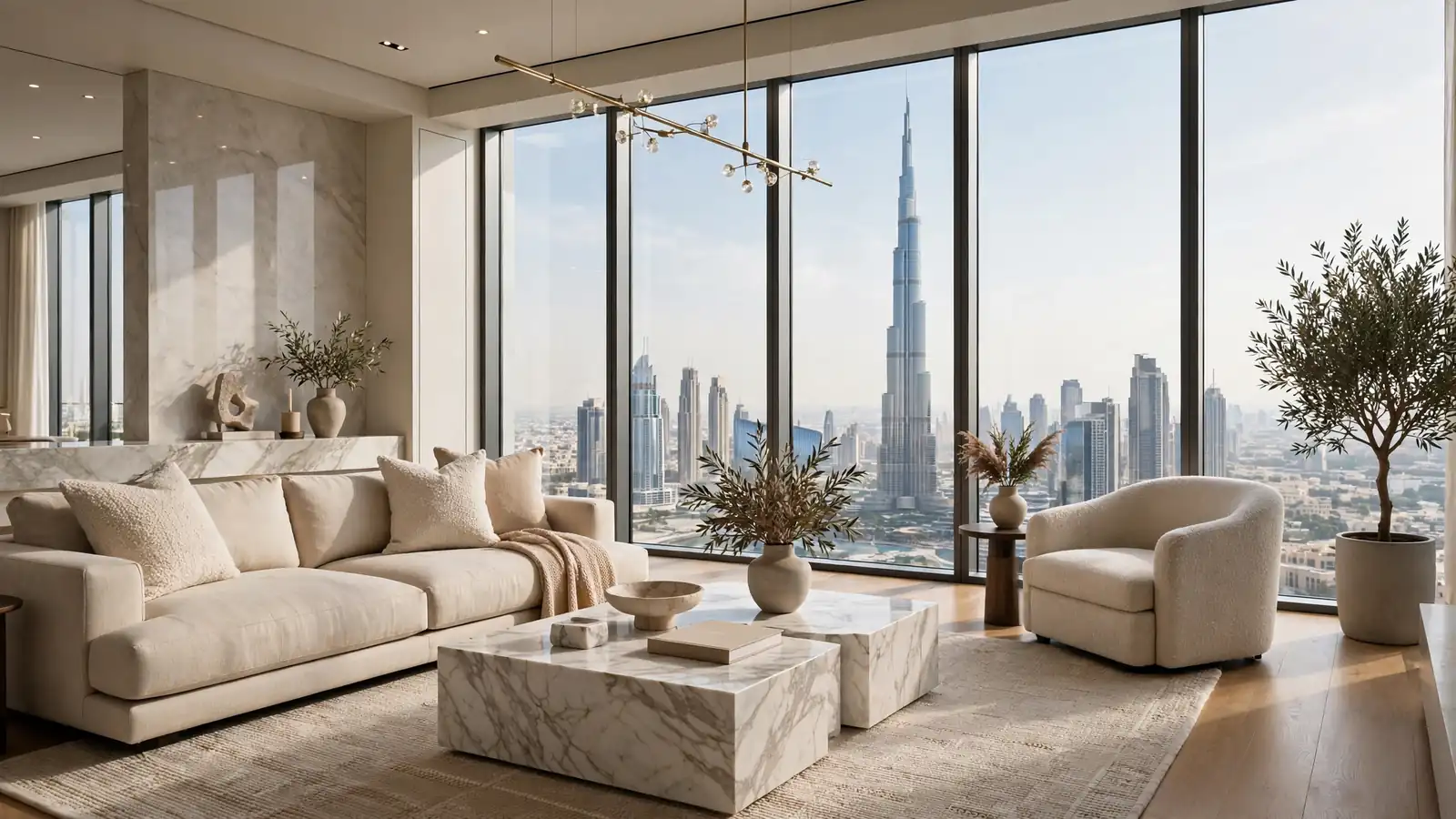 Airbnb Management in Downtown Dubai: The Owner's Hiring Guide Luxury living room inside a Downtown Dubai holiday home with Burj Khalifa view