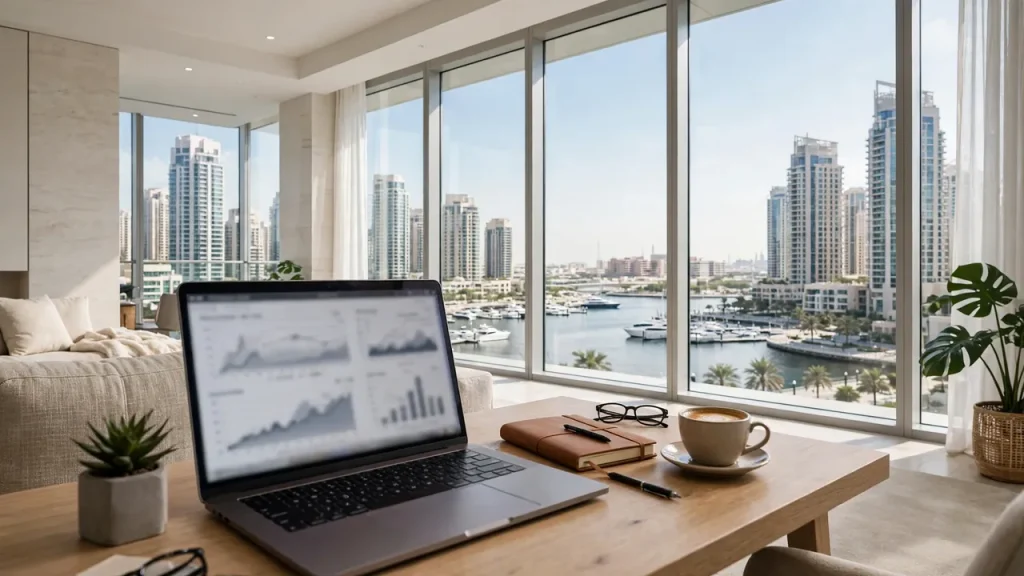 Best Areas to Invest in Airbnb in Dubai: ROI, Yields & Where to Buy Investor reviewing Dubai property investment documents for Airbnb rental strategy
