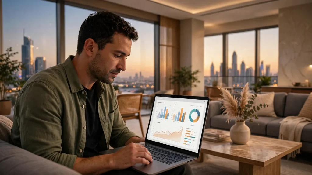 7 Signs Your Airbnb Manager Is Underperforming in Dubai Dubai holiday home owner reviewing Airbnb performance dashboard on laptop