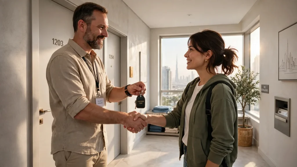 Things to Know Before Renting an Apartment in Dubai: Detailed Guide Landlord handing apartment keys to a new tenant in Dubai