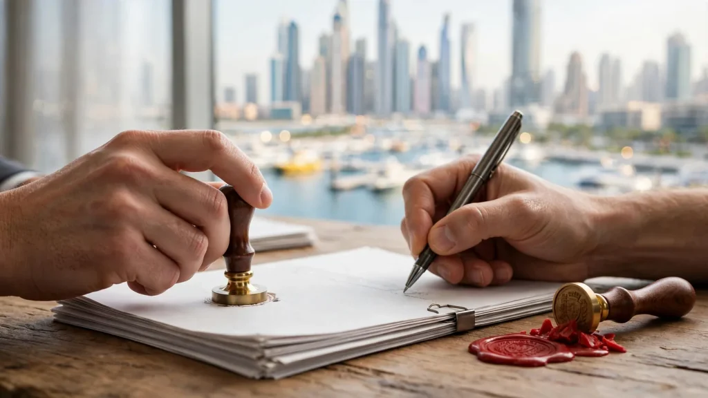 How to Convert a Tenanted Apartment to Airbnb in Dubai: The Owner's Legal-to-Launch Playbook Property documents being stamped and signed with Dubai skyline behind