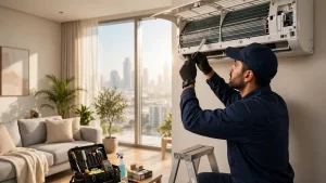 Technician servicing a split AC unit inside a Dubai holiday home before the summer peak.