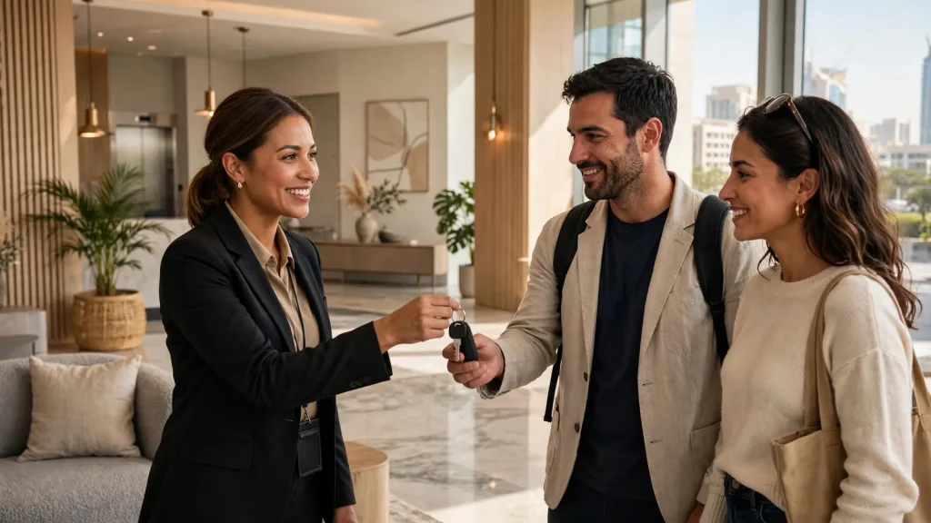How Holiday Home Management Works in Dubai: The Owner's Inside Look Professional host handing apartment keys to arriving guests in a bright Dubai lobby
