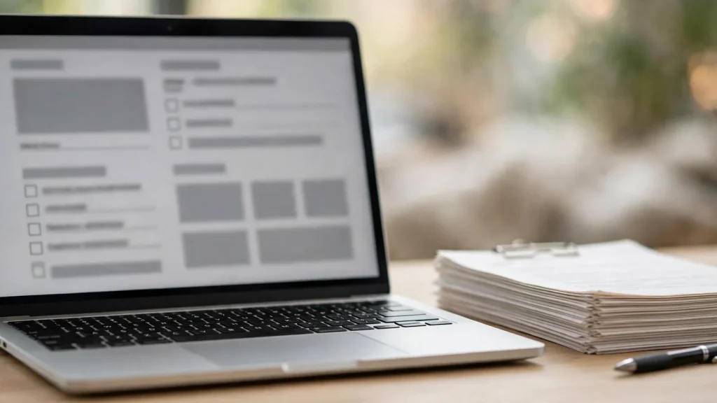 How to Start a Holiday Home Business in Dubai: The Legal Setup Guide Laptop showing a holiday home permit application next to property documents on a desk