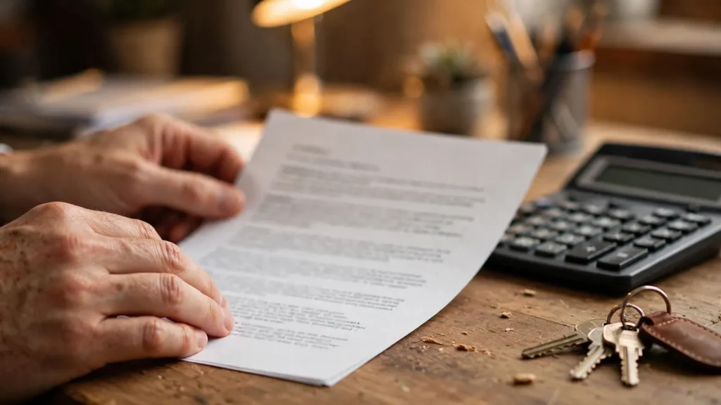 Guaranteed Rent in Dubai: Should You Take the Fixed Offer or Keep the Upside? Owner reviewing a guaranteed rent contract with a calculator and apartment keys