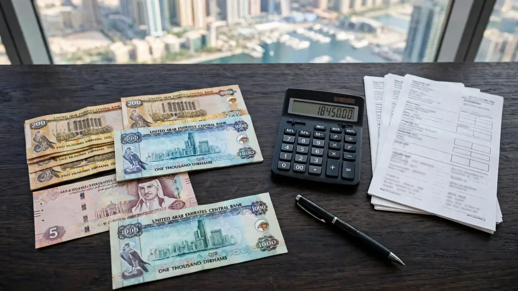 Calculator, UAE dirham notes and fee invoices on a desk showing a Dubai holiday home license cost breakdown