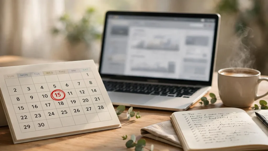 Holiday Home License Dubai Cost: A Complete Investor Guide Calendar with a circled renewal date next to a laptop showing a holiday home permit dashboard