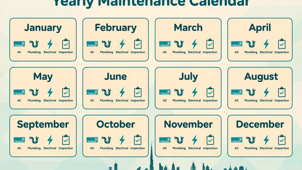 Dubai Holiday Home Maintenance: The Owner Playbook Yearly maintenance calendar showing seasonal service windows for a Dubai holiday home.