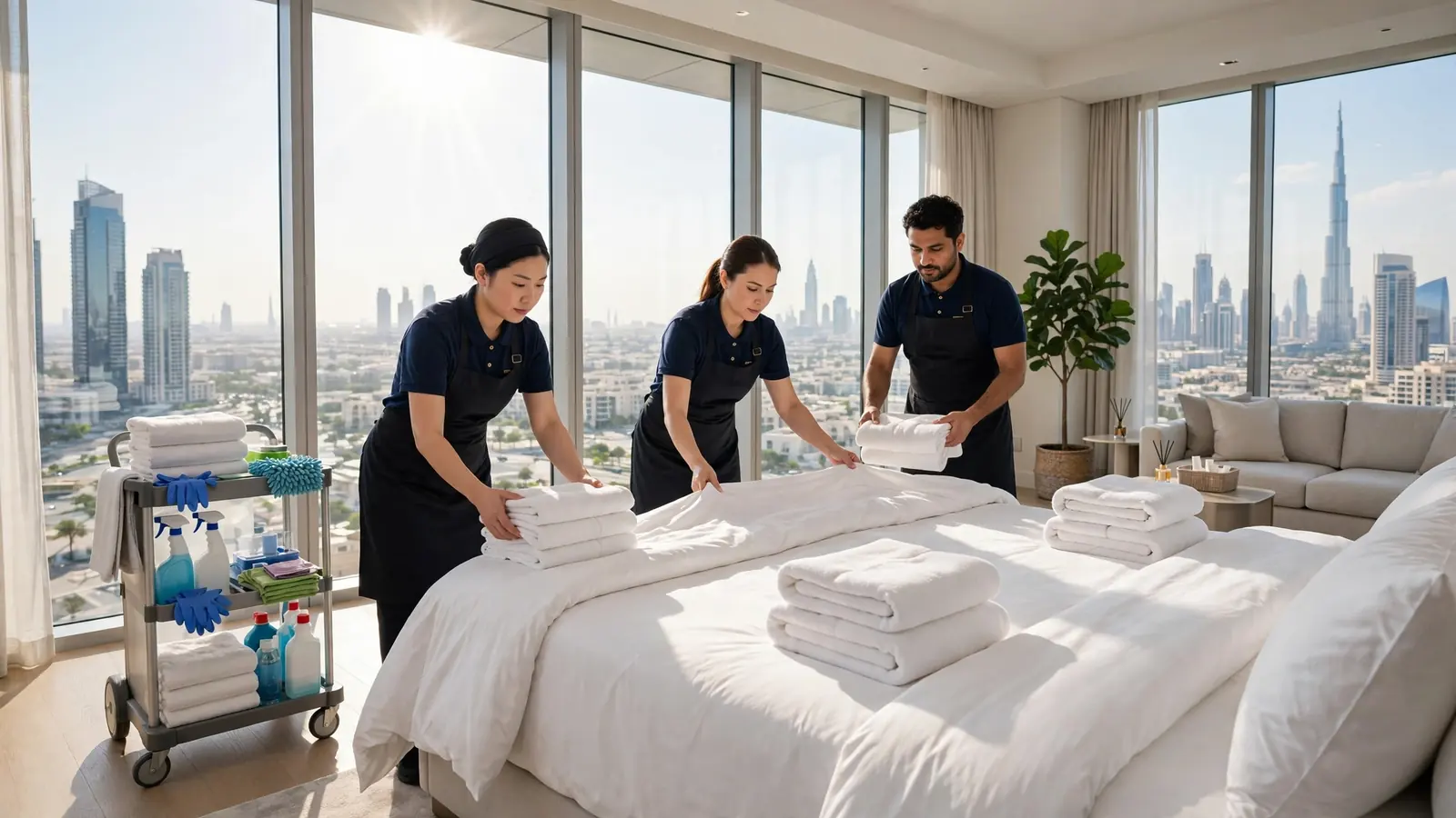 Property Management Services in Dubai: The Complete Owner's Guide Professional housekeeping preparing a Dubai holiday home between guest stays