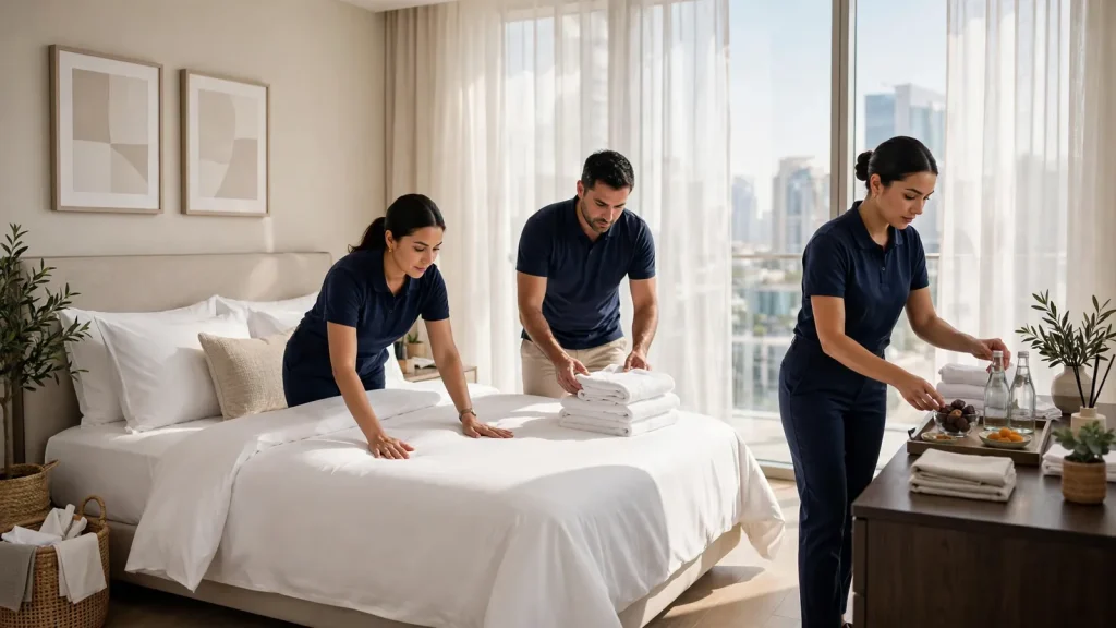 Short-Term Property Management Company in Dubai: The Owner's Guide to Fees, Services and Choosing Right Professional operations team preparing a Dubai holiday home for guest check-in
