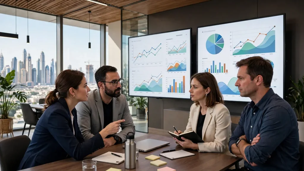 How to Start a Holiday Home Business in Dubai: The Legal Setup Guide Professional holiday home management team reviewing live unit dashboards in a Dubai office