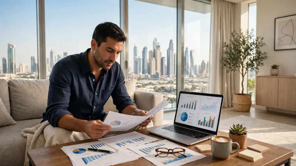 How Dubai Holiday Home Managers Get Paid: The Owner's Fee-Transparency Guide Dubai holiday home owner reviewing a monthly management statement with revenue, costs and net payout