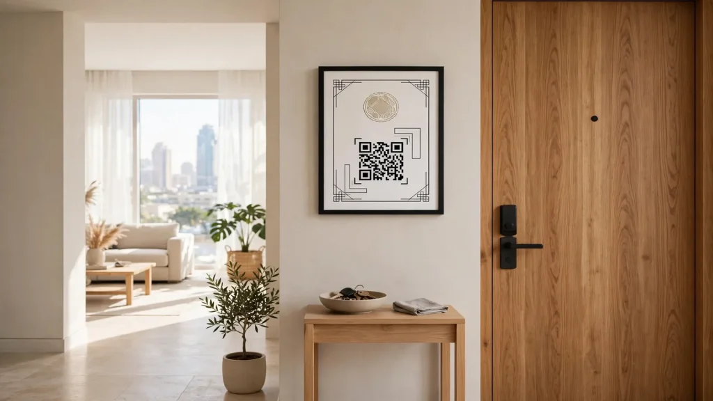 Holiday Home License Dubai Cost: A Complete Investor Guide Framed holiday home permit with QR code displayed inside a Dubai apartment entrance