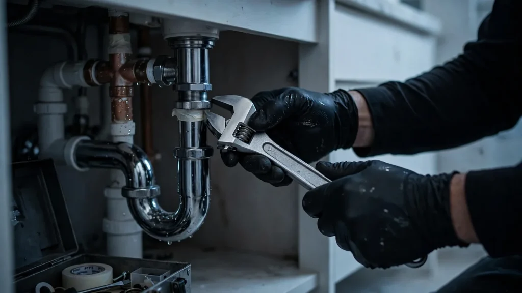 Dubai Holiday Home Maintenance: The Owner Playbook Plumber inspecting under-sink pipes during a preventive maintenance visit in a Dubai apartment.