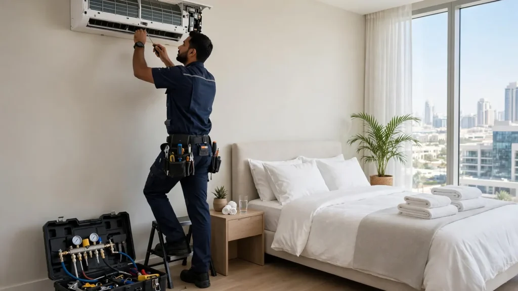 Dubai Holiday Home Seasonal Strategy: The Owner's Winter vs Summer Playbook Technician servicing air conditioning in a Dubai holiday home during the summer maintenance window