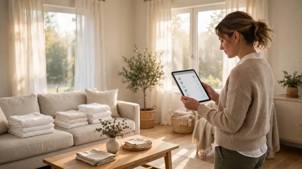Dubai Holiday Home Maintenance: The Owner Playbook Host running a turnover inspection with a checklist between guest stays.