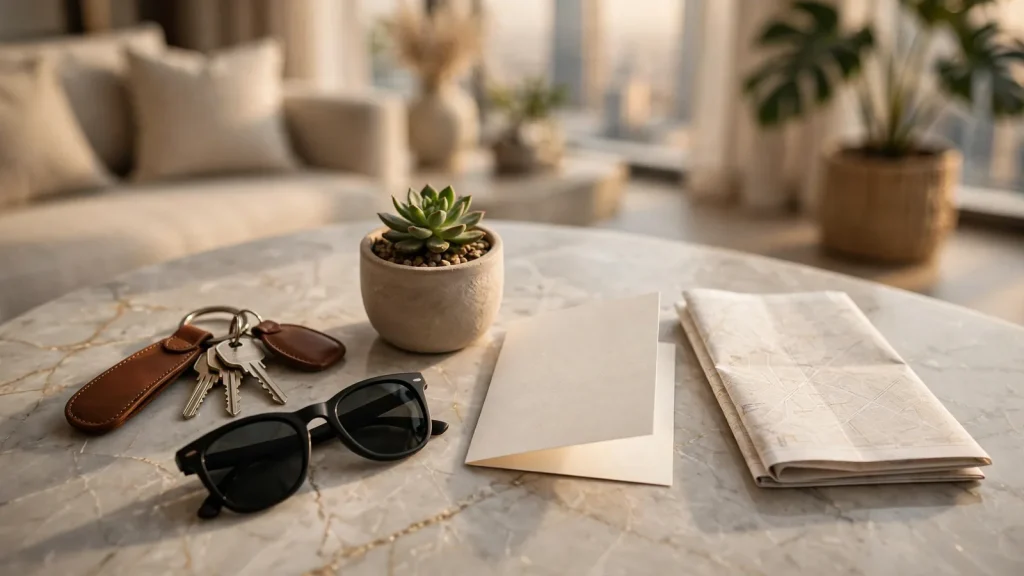 How to Convert a Tenanted Apartment to Airbnb in Dubai: The Owner's Legal-to-Launch Playbook Holiday home welcome pack with keys on a coffee table in Dubai